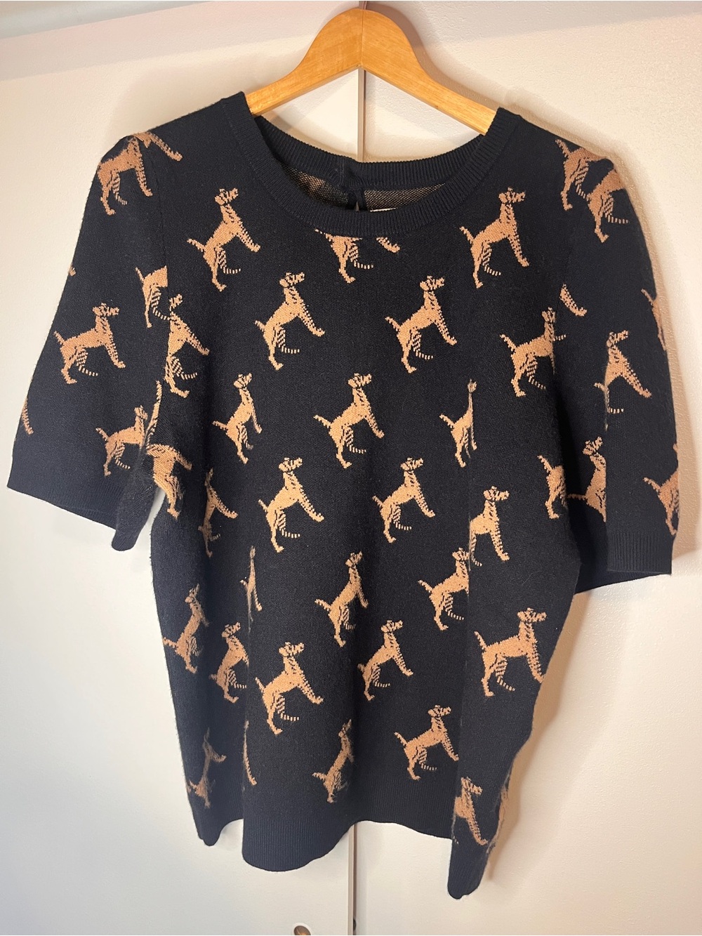 Maeve Black Short-Sleeve Sweater with Tan Dog Motif